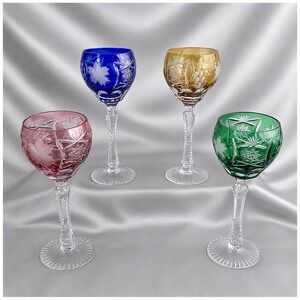 Bohemian Cut to Clear Crystal Wine Hock Glasses Set of 4 Multi Color 8.25"